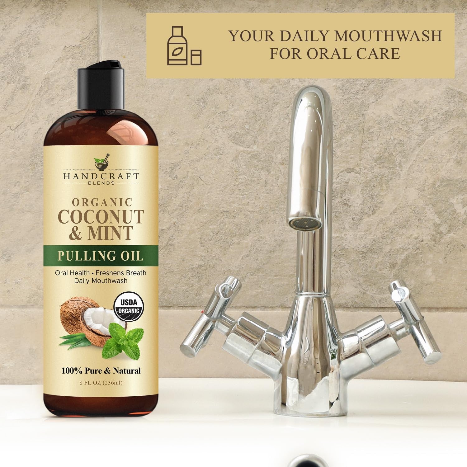 Coconut Oil Pulling for Teeth and Gums with Peppermint Oil - Organic Coconut Oil Pulling Oil Mouthwash for Fresh Breath, Oral Health and Cleaner Teeth and Gums - 236 Ml