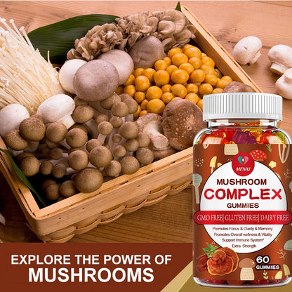 Mushroom Gummies 10 Blend - Mushroom Complex - Brain Booster, Immune Support, Energy - Mushroom Supplement for Men & Women (60Ct)