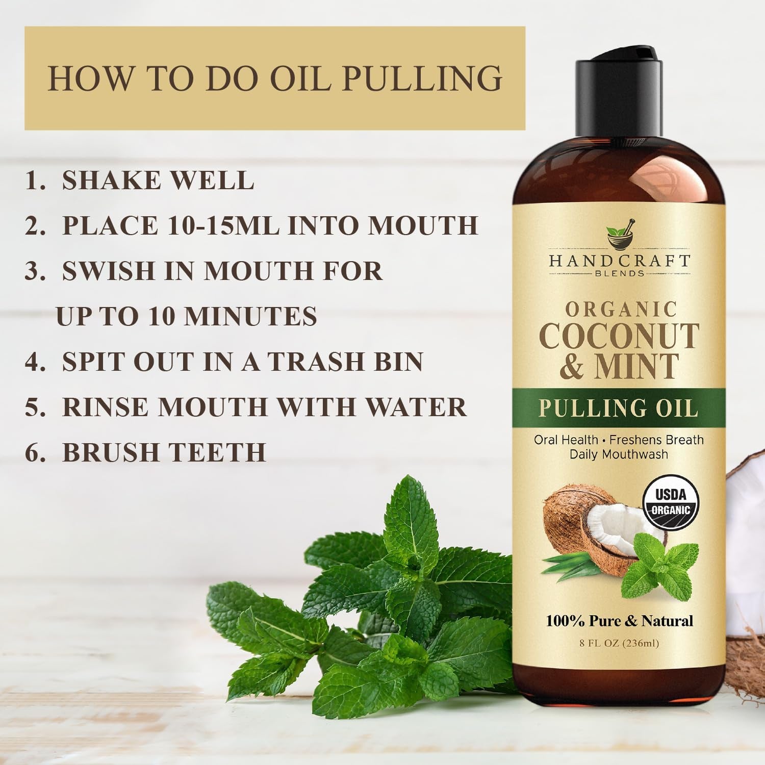 Coconut Oil Pulling for Teeth and Gums with Peppermint Oil - Organic Coconut Oil Pulling Oil Mouthwash for Fresh Breath, Oral Health and Cleaner Teeth and Gums - 236 Ml