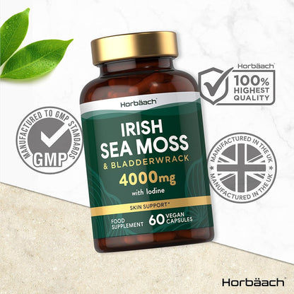 Sea Moss Capsules with Bladderwrack 4000Mg | Irish Sea Moss & Bladderwrack Extract with Iodine | High Strength | 60 Vegan Capsules | by