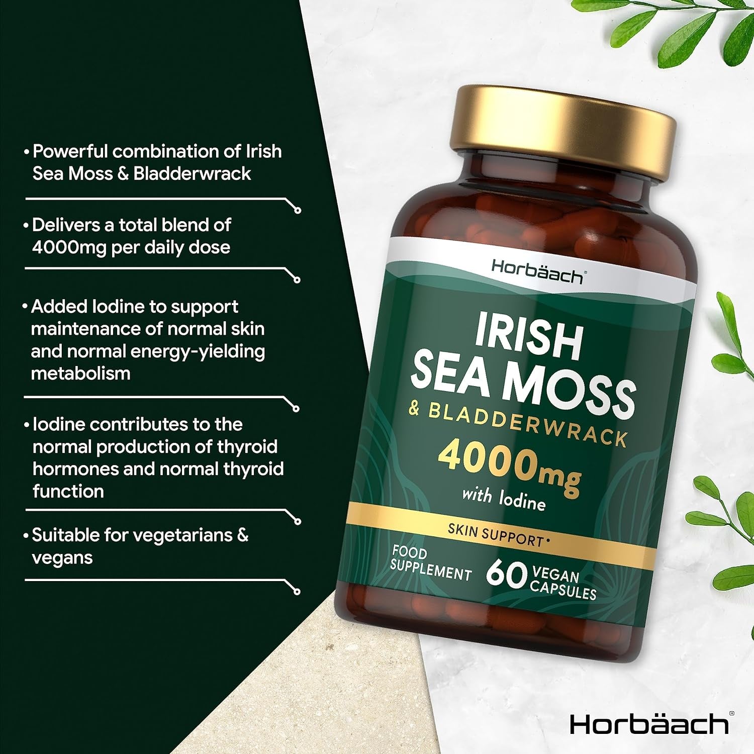 Sea Moss Capsules with Bladderwrack 4000Mg | Irish Sea Moss & Bladderwrack Extract with Iodine | High Strength | 60 Vegan Capsules | by