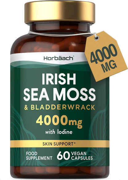 Sea Moss Capsules with Bladderwrack 4000Mg | Irish Sea Moss & Bladderwrack Extract with Iodine | High Strength | 60 Vegan Capsules | by