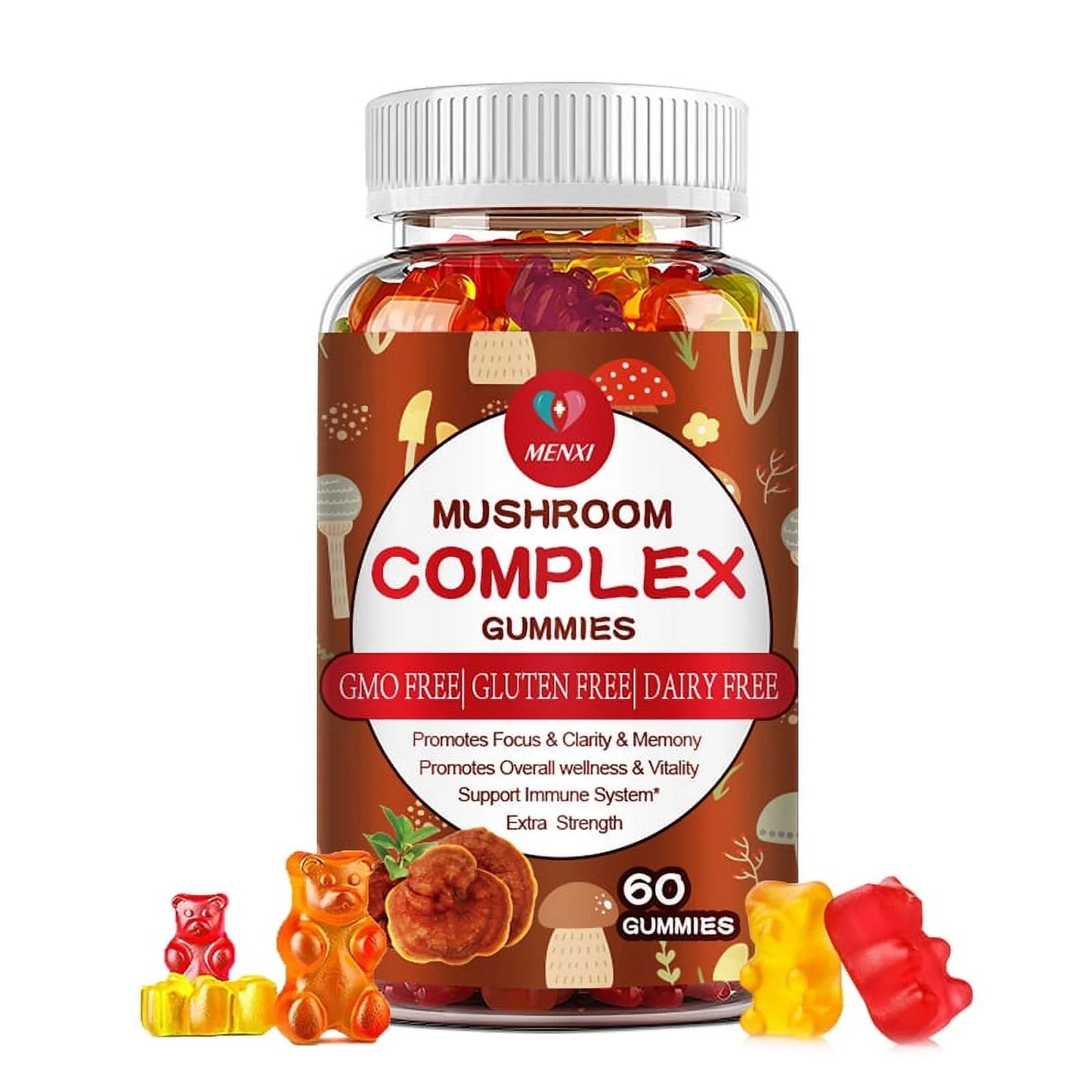 Mushroom Gummies 10 Blend - Mushroom Complex - Brain Booster, Immune Support, Energy - Mushroom Supplement for Men & Women (60Ct)