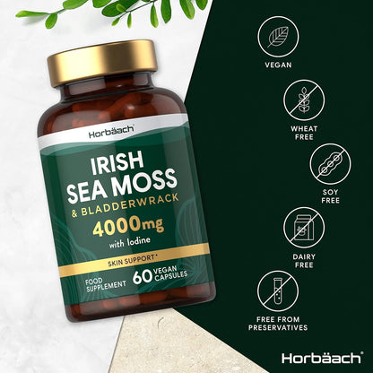 Sea Moss Capsules with Bladderwrack 4000Mg | Irish Sea Moss & Bladderwrack Extract with Iodine | High Strength | 60 Vegan Capsules | by